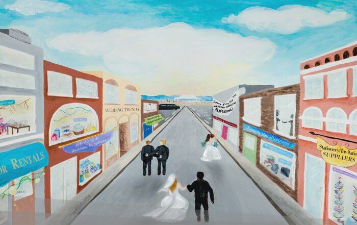 A painting of a street with small shops. Two couples in formal wear walk in opposite directions, with buildings like a wedding shop and bakery on either side.