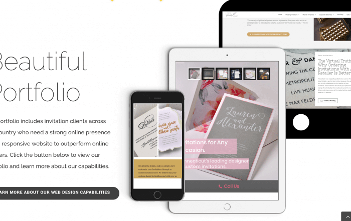 A display of various devices showcasing a web design portfolio for invitation clients, emphasizing strong online presence and responsive websites.