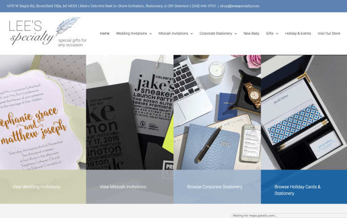 A website homepage showcasing various invitation categories: Wedding, Mitzvah, Corporate, and Holiday Cards & Stationery, with images representing each section.