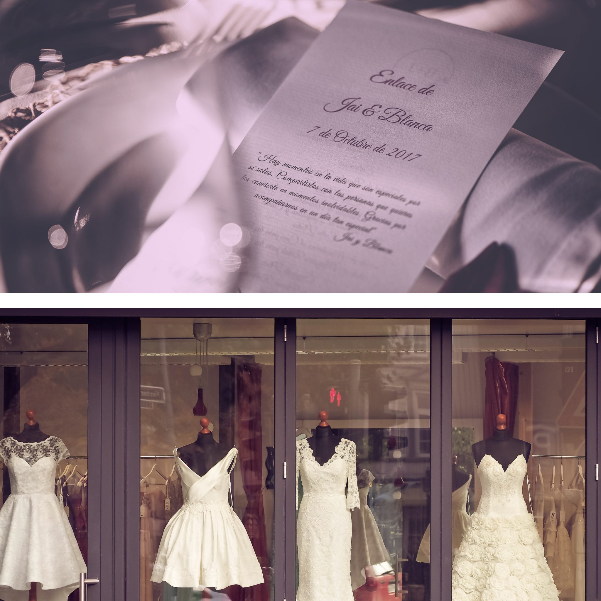 photo of stationery and window display wedding gowns
