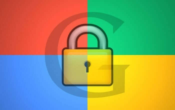 A padlock icon is superimposed over a multicolored background with a large letter "G" faintly visible behind it.