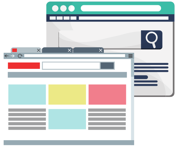 Untitled design (2) Illustration of two web browser windows. The front window shows a colorful grid, and the back window features a magnifying glass icon, suggesting a search function.