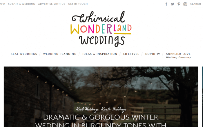 Screenshot of the "Whimsical Wonderland Weddings" website homepage, featuring navigation links and a dramatic winter wedding article headline.
