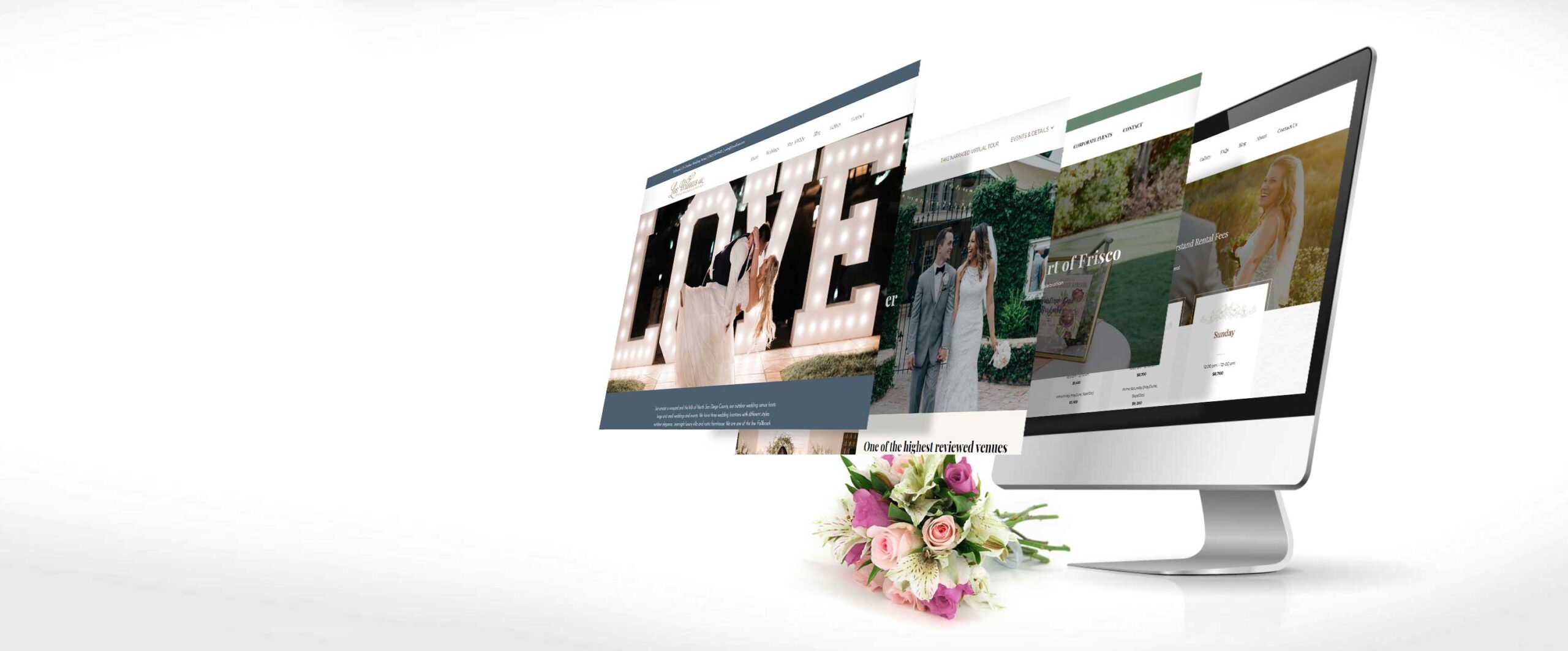 wedding venue website displayed with bouquet
