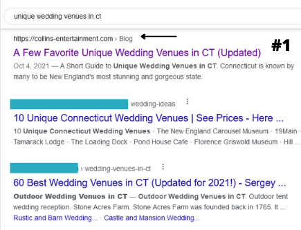 brian-lawrence-seo-for-small-businesses Screenshot of a Google search results page for "unique wedding venues in CT," showing multiple links with descriptions and publication dates.