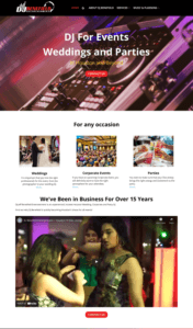 Website homepage for DJ services specializing in events, weddings, and parties in Houston. Includes sections on services offered and company history.