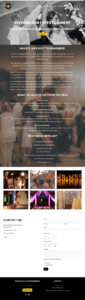 Screenshot of a website for Evening Sun Entertainment, an event company. Features include a large image of dancing, service details, photo gallery, and a contact form at the bottom.