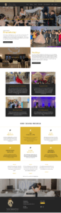 Screenshot of a wedding venue website showcasing event spaces, weddings, services, client testimonials, and contact information.