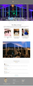 Wedding event company homepage with offerings for wedding packages, DJ services, and coordination. Features customer reviews, a social media section, and contact details.