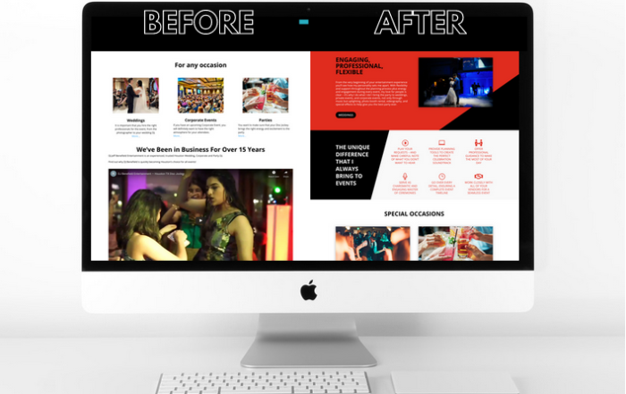 Brian Lawrence - wedding business websites transformation before and after on an imac screen, dj site shown