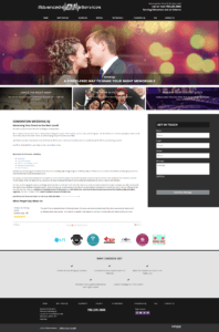 Website of Advanced DJ Services featuring a couple dancing, service details, client testimonials, contact form, and logos of affiliations.