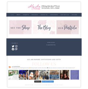 Screenshot of Aly Am Paperie website featuring navigation links and social media icons with a focus on invitations and gifts.