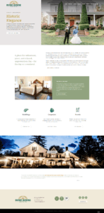 Screenshot of the Bush House website showing a house, a couple, and sections on weddings, corporate events, and more, with contact details and social media links at the bottom.