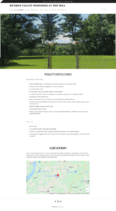 Screenshot of Hudson Valley Weddings at the Hill website, featuring wedding details, services, and a map location, with a scenic outdoor image at the top.