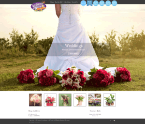 A bride in a white dress stands on grass with a line of bouquets at her feet. Wedding website interface with floral images at the bottom.