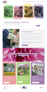 Screenshot of a florist's website featuring wedding floral arrangements, a navigation menu, and contact information.