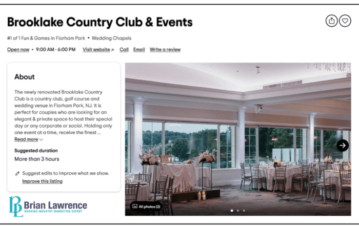 Webpage for Brooklake Country Club & Events, with images of an event space featuring large windows. Includes a brief description, hours of operation, and contact information.