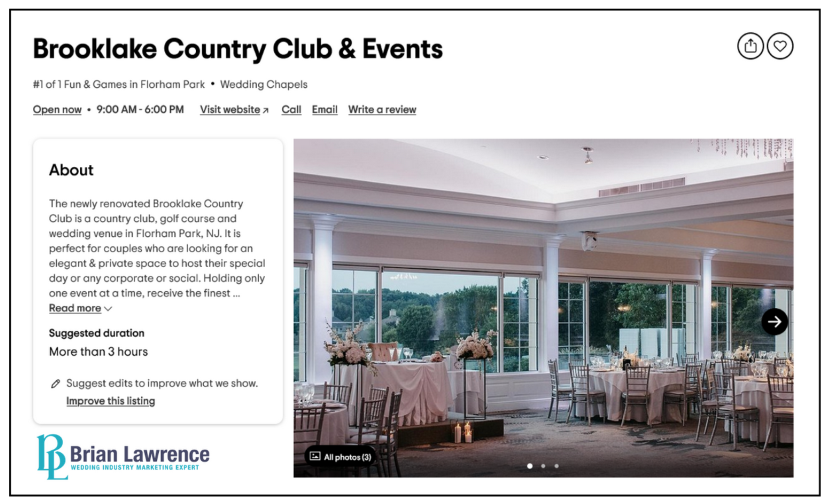 tripadvisor listing for a wedding venue with a title at the top left, a description on the left, and venue image on the right