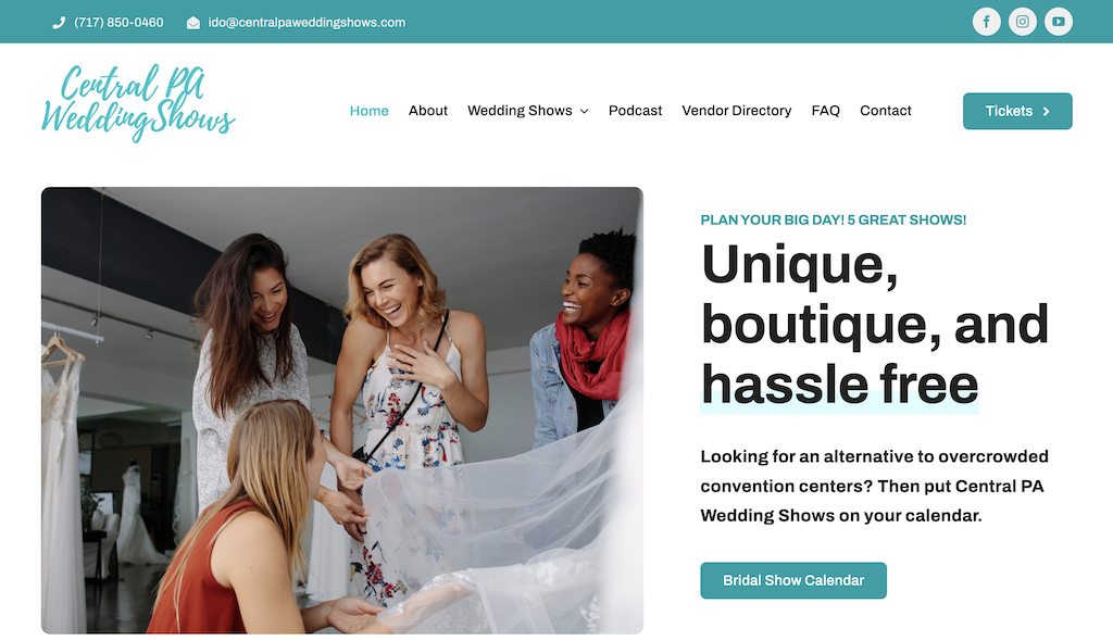 homepage of central pa wedding shows showing bride wedding gown shopping with friends