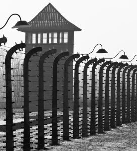 A black and white photo of a barbed wire fence and a guard tower, with hanging lamps on each fence post.