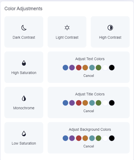 color adjustment options for accessibility application accessiBe - pale blue boxes with small black image representations above small black text sharing the name of the feature, like "Dark Contrast" and "High Saturation"