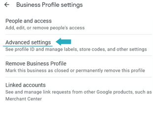 A screen showcasing the advanced business profile settings.