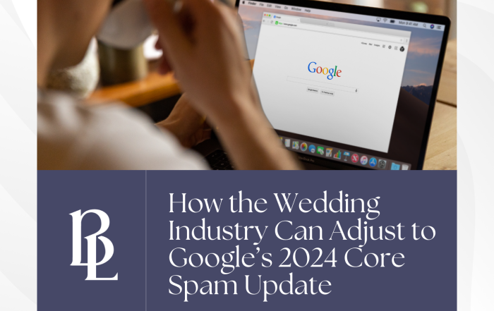 Person viewing a Google search page on a laptop with an article about the wedding industry's adjustment to Google's 2024 core spam update and ADA compliance on the screen.