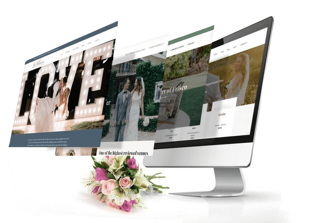A computer monitor displaying a series of wedding website templates, with a bouquet of flowers in the foreground.