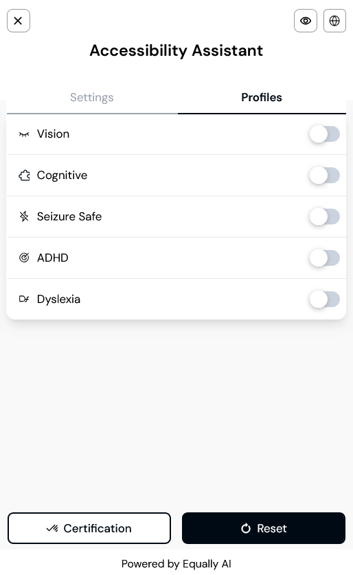 Screenshot of an accessibility assistant interface showing toggles for Vision, Cognitive, Seizure Safe, ADHD, and Dyslexia profiles, along with Certification and Reset options.