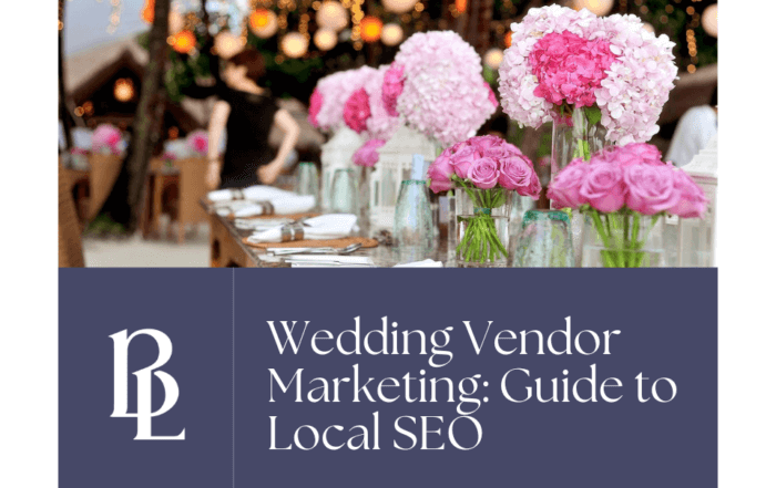A decorated table with pink flowers at a wedding reception, overlaid with text: "Wedding Vendor Marketing: Guide to Local SEO.